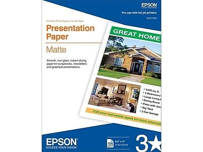 Epson Presentation Paper, Letter Size (8 1/2" x 11") Matte White, pack Of 100 Sheets