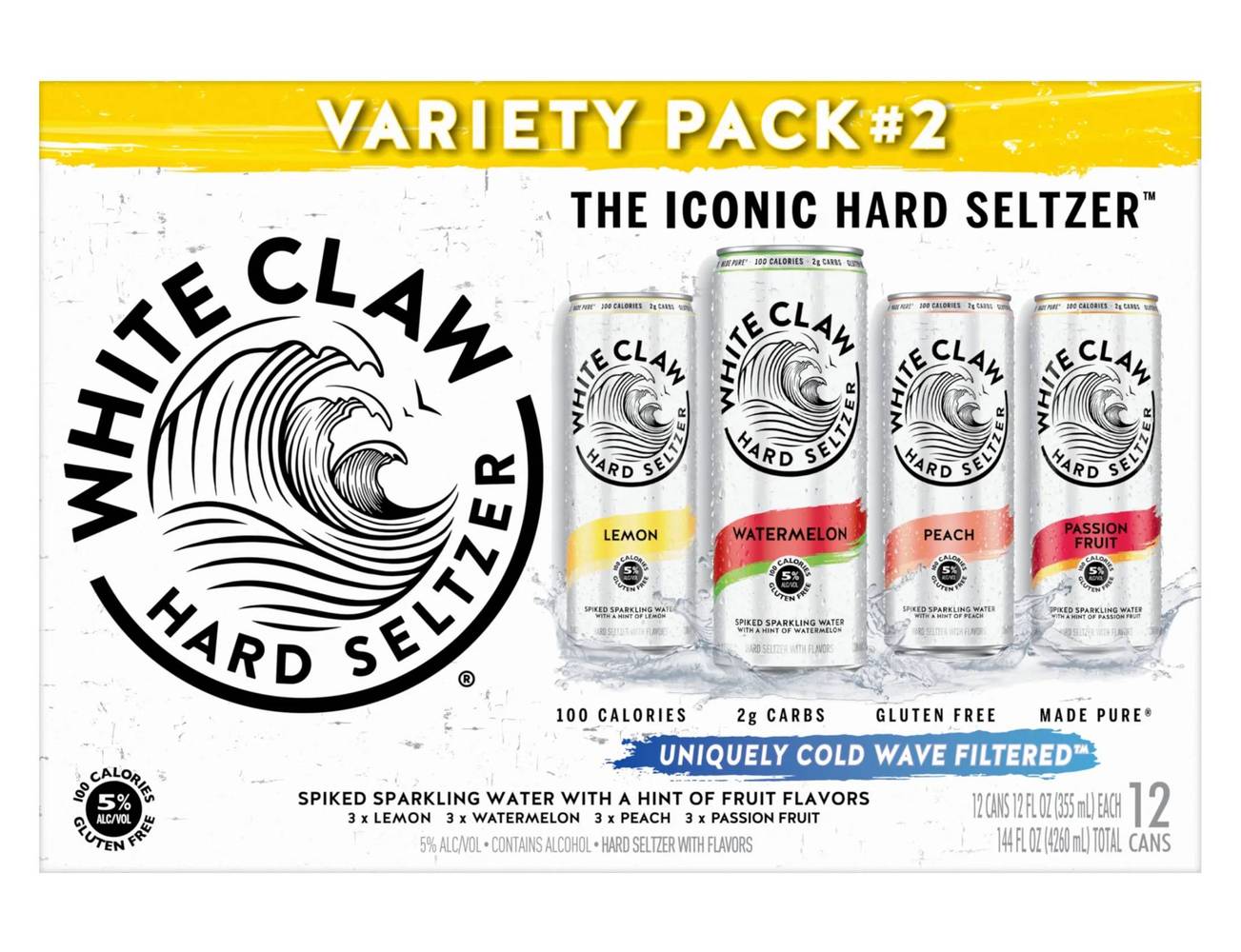 White Claw The iconic Hard Seltzer (12X12 Fl oz)(5%ABV)(Lemon,Watermelon,Peach,Passion Fruit)