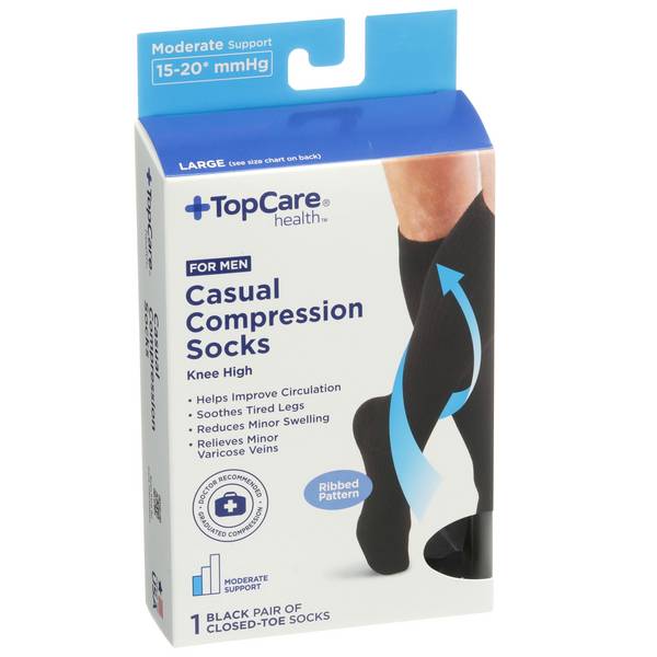 TopCare Health Men Casual Compression Socks Knee High, Large, Black Ribbed Pattern