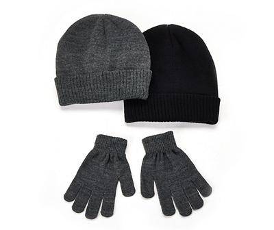 Beanie & Gloves Set, Black-Gray (3 ct)