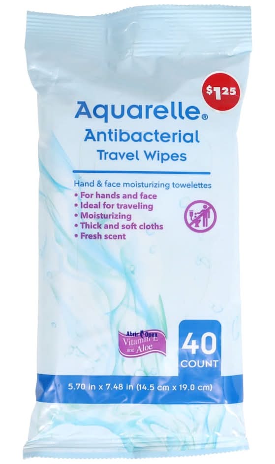 Aquarelle Moisturizing Antibacterial Travel Wipes, 14.5x19 cm (40 ct)