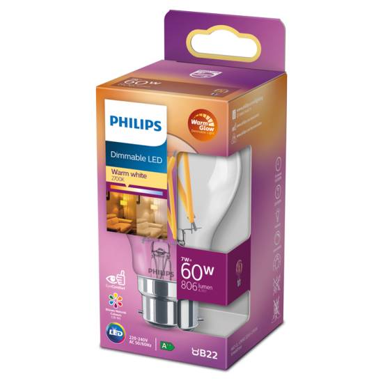 Philips LED Clear Light Bulb B22 Bayonet Cap 7W (60 Equivalent) Dimmable Warm Glow Single Pack