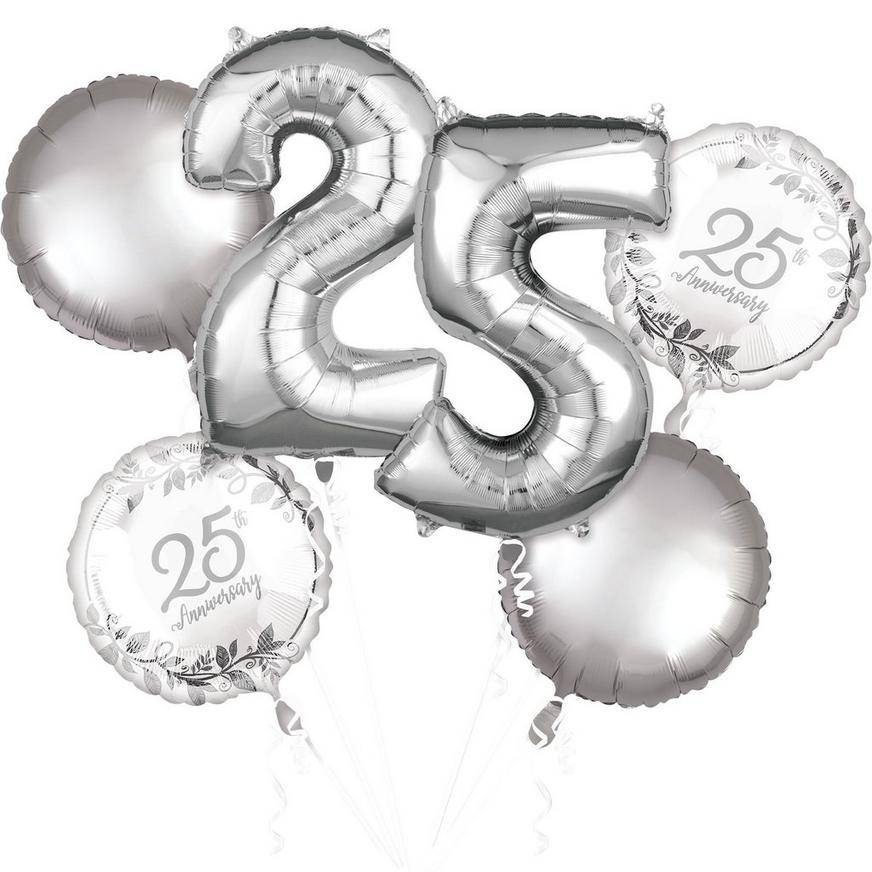 Uninflated Silver 25th Anniversary Foil Balloon Bouquet, 6pc