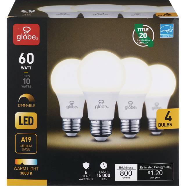 Globe Brand LED Light Bulb 10w=60w A19 Dimmable WarmWhite4Pk