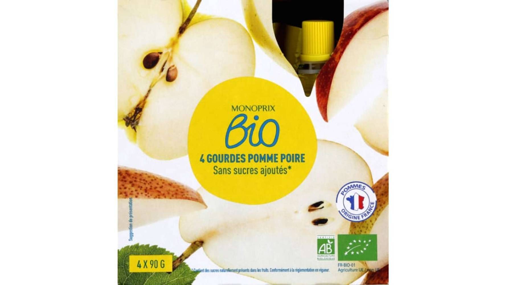 Monoprix Bio Gourdes pomme poire sans sucres ajoutés bio Les 4 gourdes de 90 g