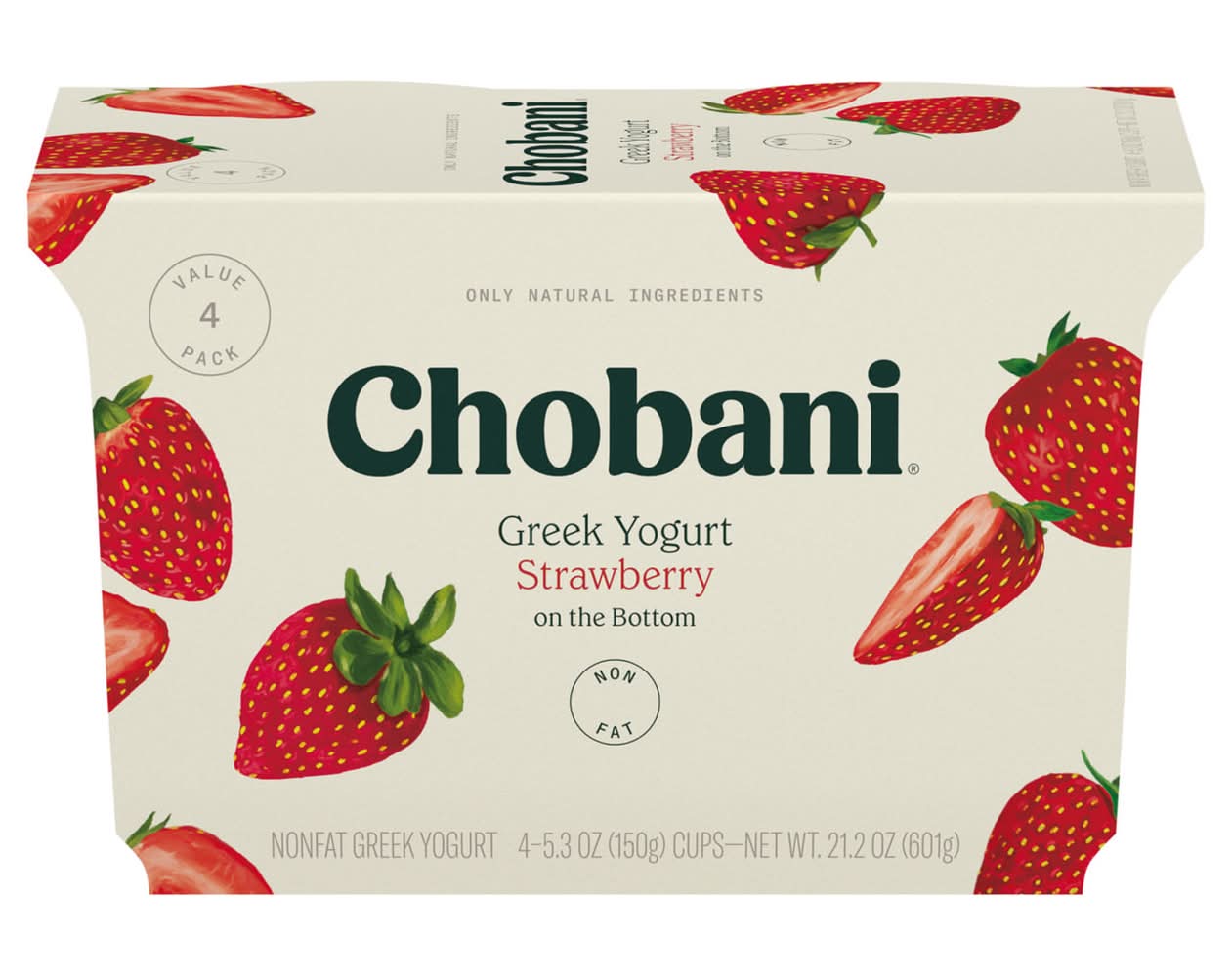 Chobani Yogurt, Greek, Nonfat, Strawberry on the Bottom, 4 Value Pack