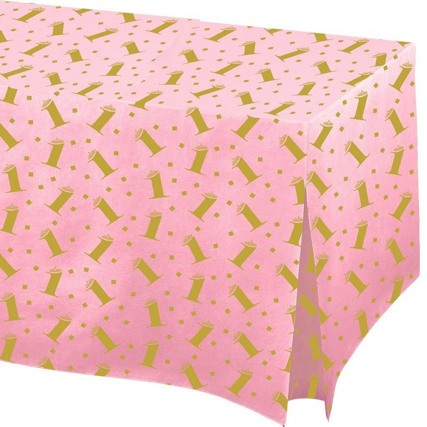 Pink Gold Confetti 1st Birthday Flannel-Backed Vinyl Fitted Table Cover