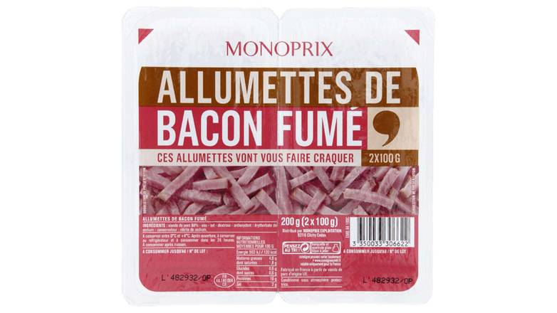 Monoprix Allumettes de bacon fume Les 2 barquettes de 100g