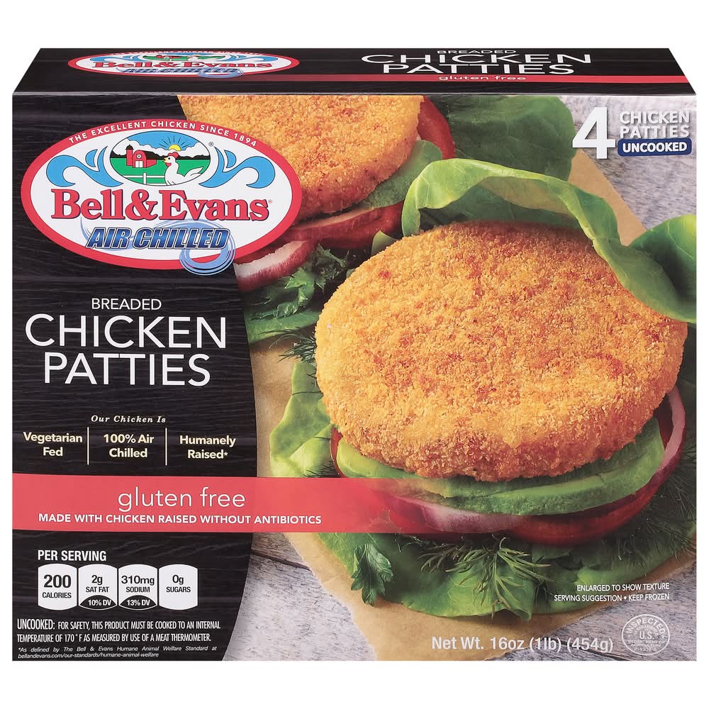 Bell & Evans Gluten Free Breaded Chicken Patties (16 oz, 4 ct)