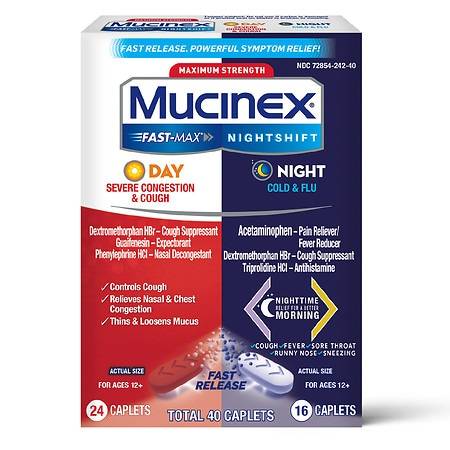 12+ Ages Mucinex Maximum Strength Fast-Max Day Severe Congestion & Cough & Nightshift Cold & Flu (40 ct)