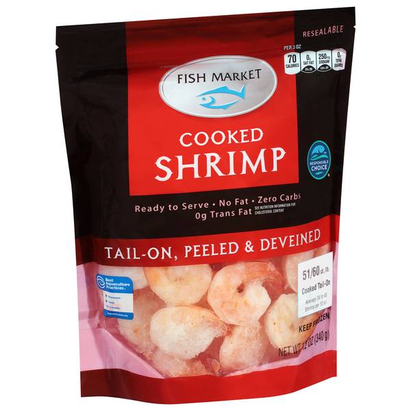 Fish Market Cooked Shrimp, Tail-On, Peeled & Deveined 51/60Ct