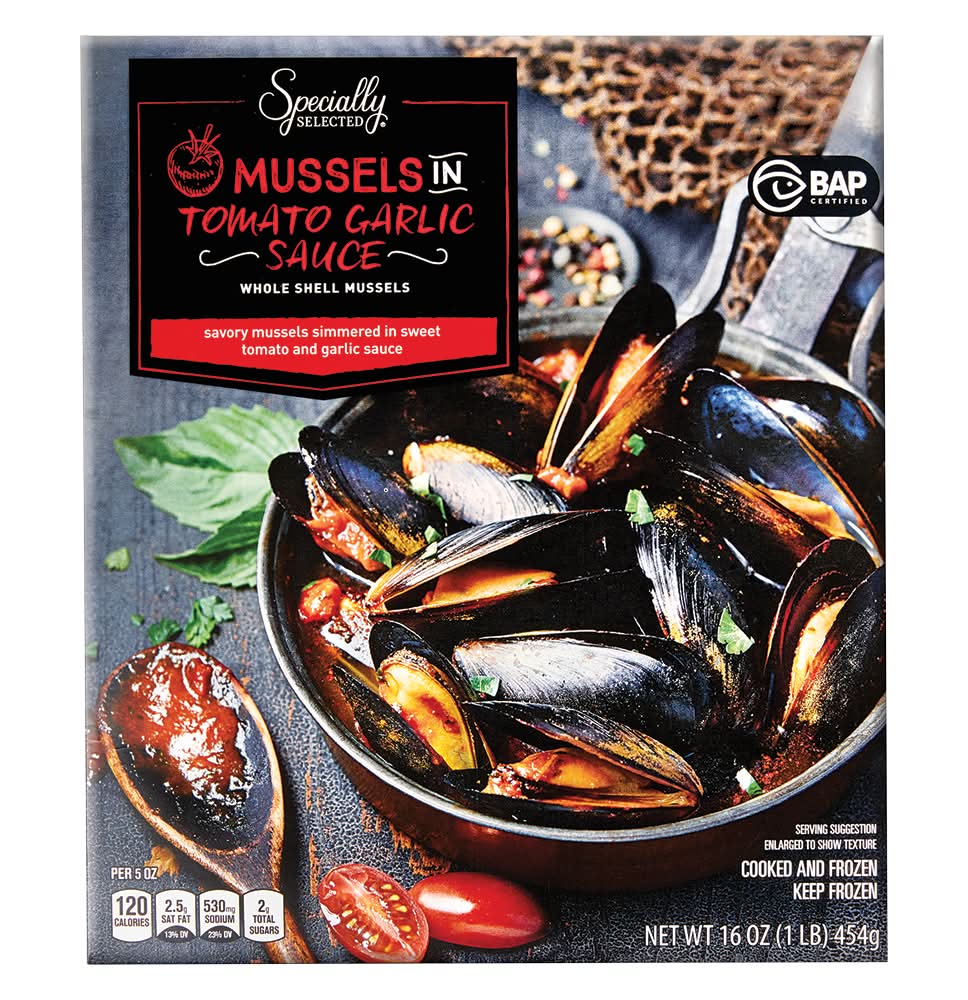 Specially Selected Whole Shell Mussels, Tomato Garlic Sauce (16 oz)