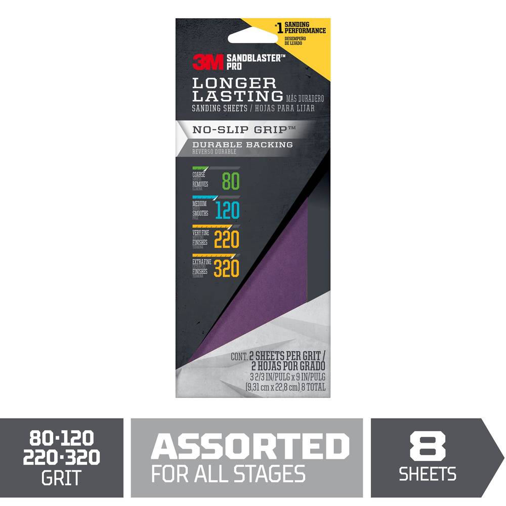 3M SandBlaster Pro Multi-grade Pack-Grit Sheet Sandpaper 3-in W x 9-in L 8-Pack | 423-ASST-SBP