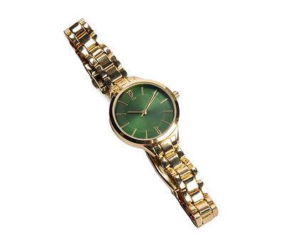 Womens Gold & Green Metal Band Analog Wrist Watch