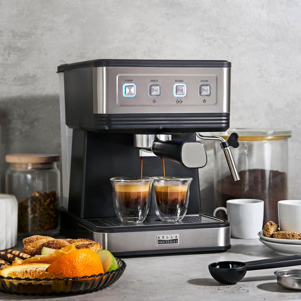 Black) - BELLA Personal Espresso Maker with Built-in Steam Wand