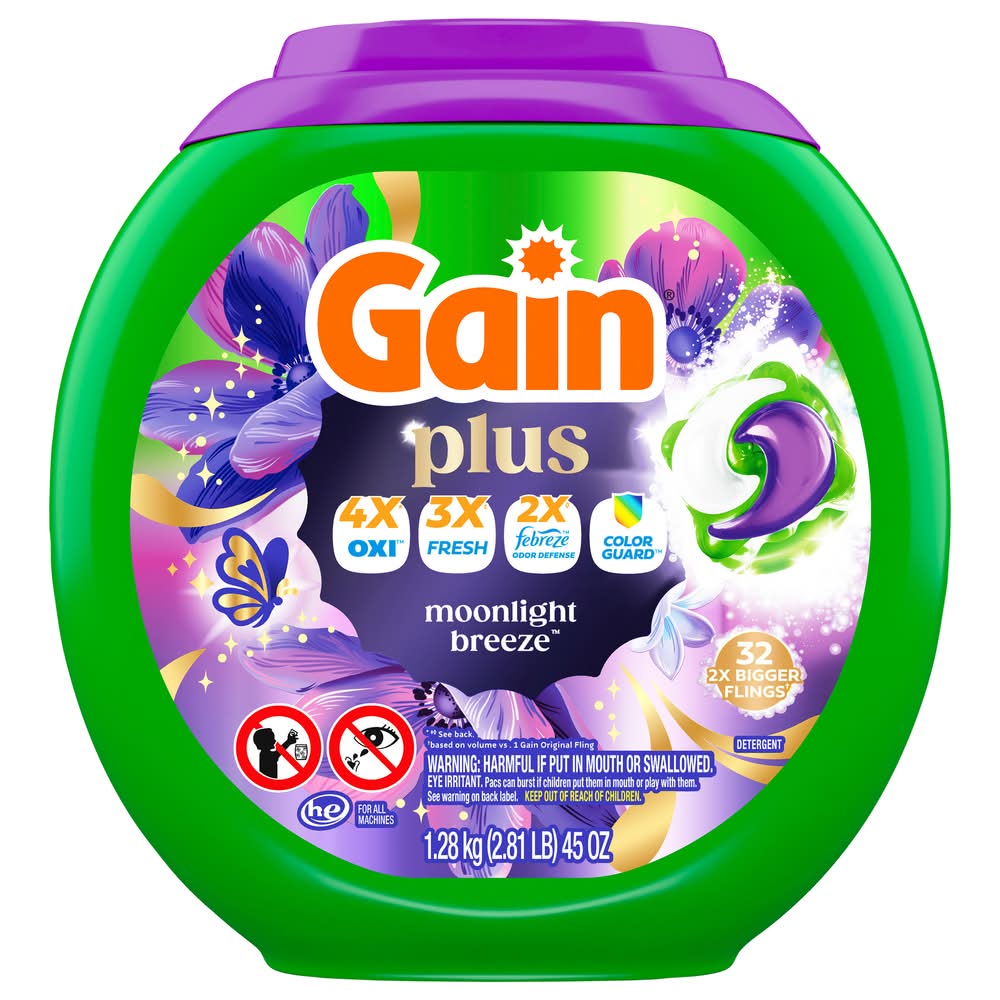 Gain Plus Liquid Washing Detergent Pods, Moonlight Breeze (32 ct)