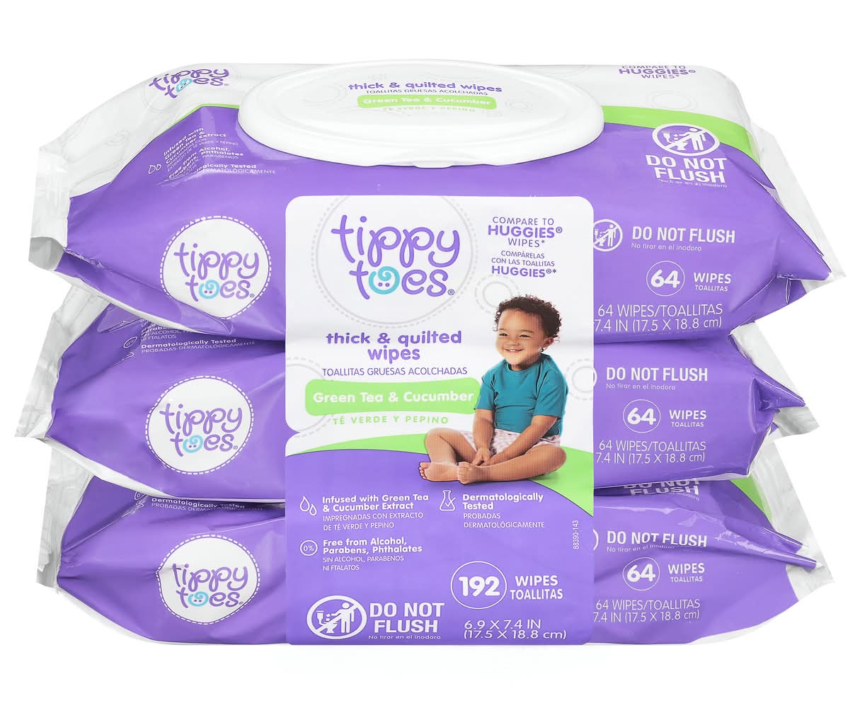 Tippy Toes Thick Quilted Baby Wipes, Green Tea-Cucumber, 6.9 x 7.4 inch (3 x 192 ct)