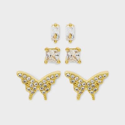 Rectangle and Square Butterfly Stud Earring Set 3pc - A New Day™ Gold: Brass, Sterling Silver, Cubic Zirconia