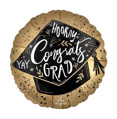 Inflated 28" Jumbo Black & Gold Graduation Cap Foil Balloon