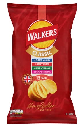 Walkers Cheese & Onion-Ready Salted-Salt & Vinegar-Prawn Cocktail, Classic Potato Crisps Variety pack (12 x 25g)
