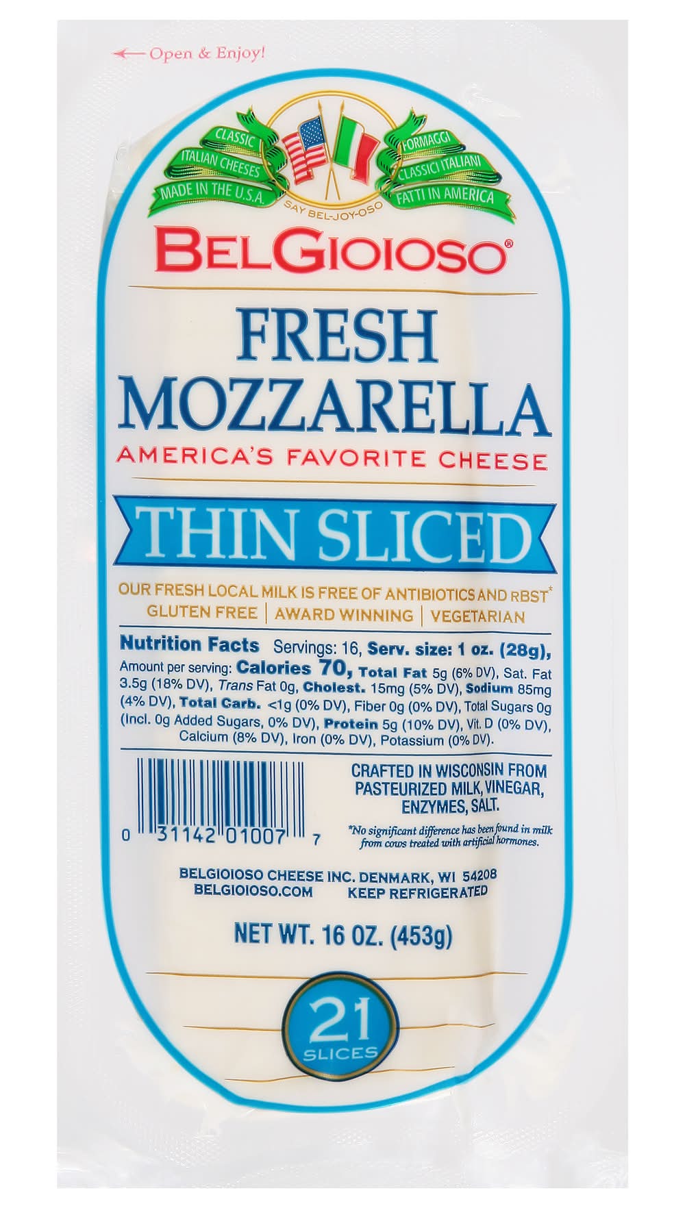BelGioioso Thin Fresh Mozzarella Cheese Sliced (16 oz, 21 ct)