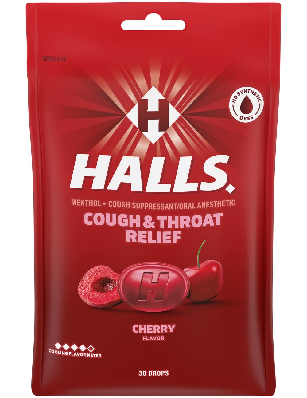 Halls Cough & Throat Relief Drops, Cherry (3.28 oz, 30 ct)