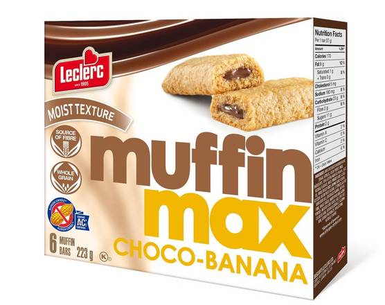 Leclerc muffin max choco bananes barres (223g / 6 barres muffin) - muffin max banana chocolate bars (6 units)