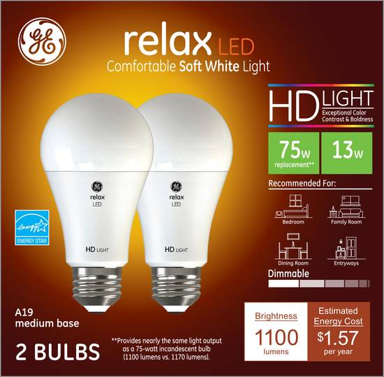 GE LED Light Bulbs 13W Relax HD (2 ct)