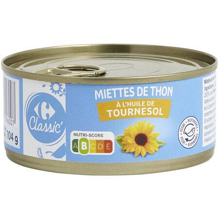 Miettes de thon à l'huile de tournesol CARREFOUR - la boite de 104g net égoutté