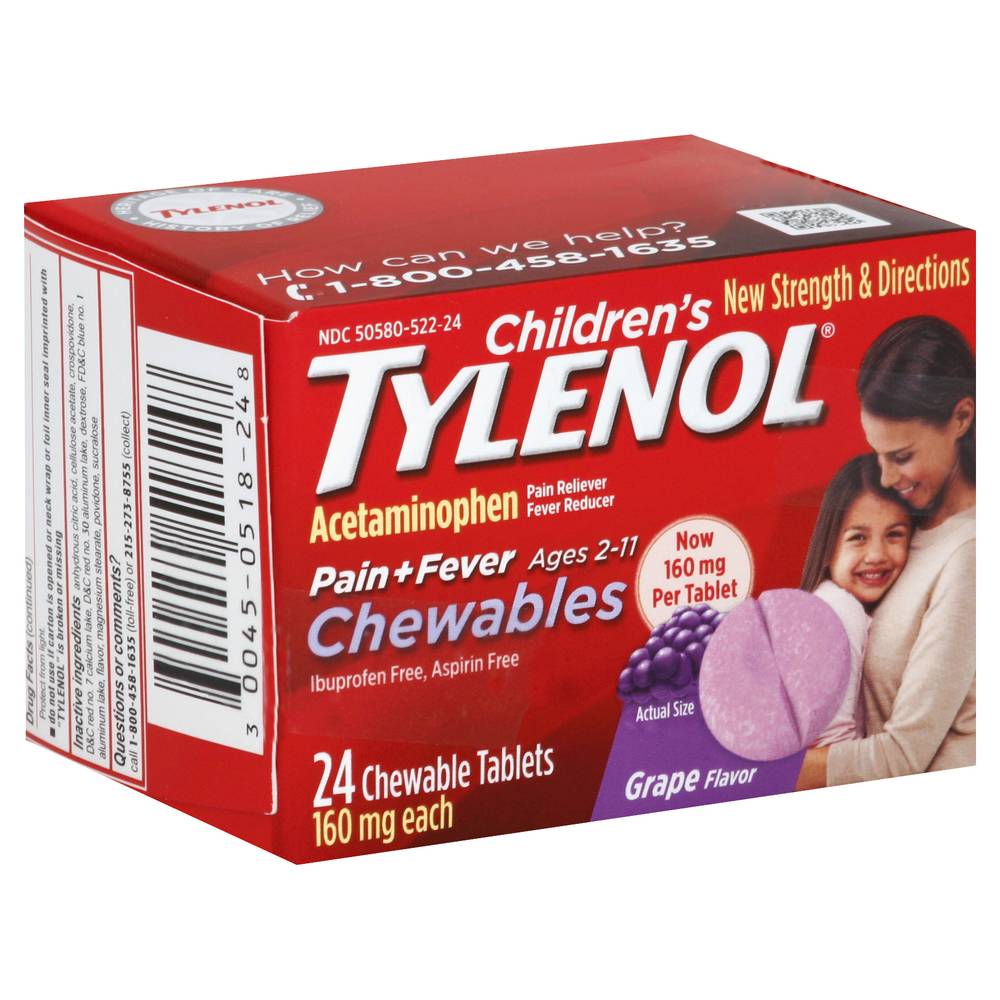 Tylenol Children's Acetaminophen 160 mg Pain + Fever Reducer Chewable Tablets, Grape, 2-11 Y (24 ct)