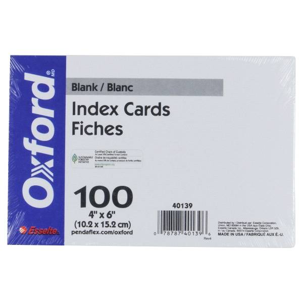 Oxford Blank Index Cards, 4'' X 6'', White (100 per ct)