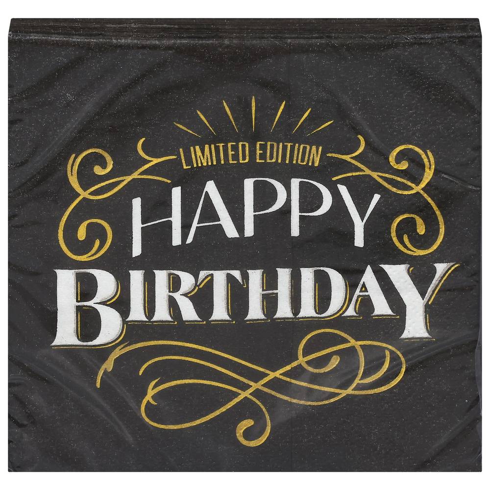 Party City Happy Birthday Paper Beverage Napkins, Unisex, 5in x 5in, Black and Gold (6 ct)