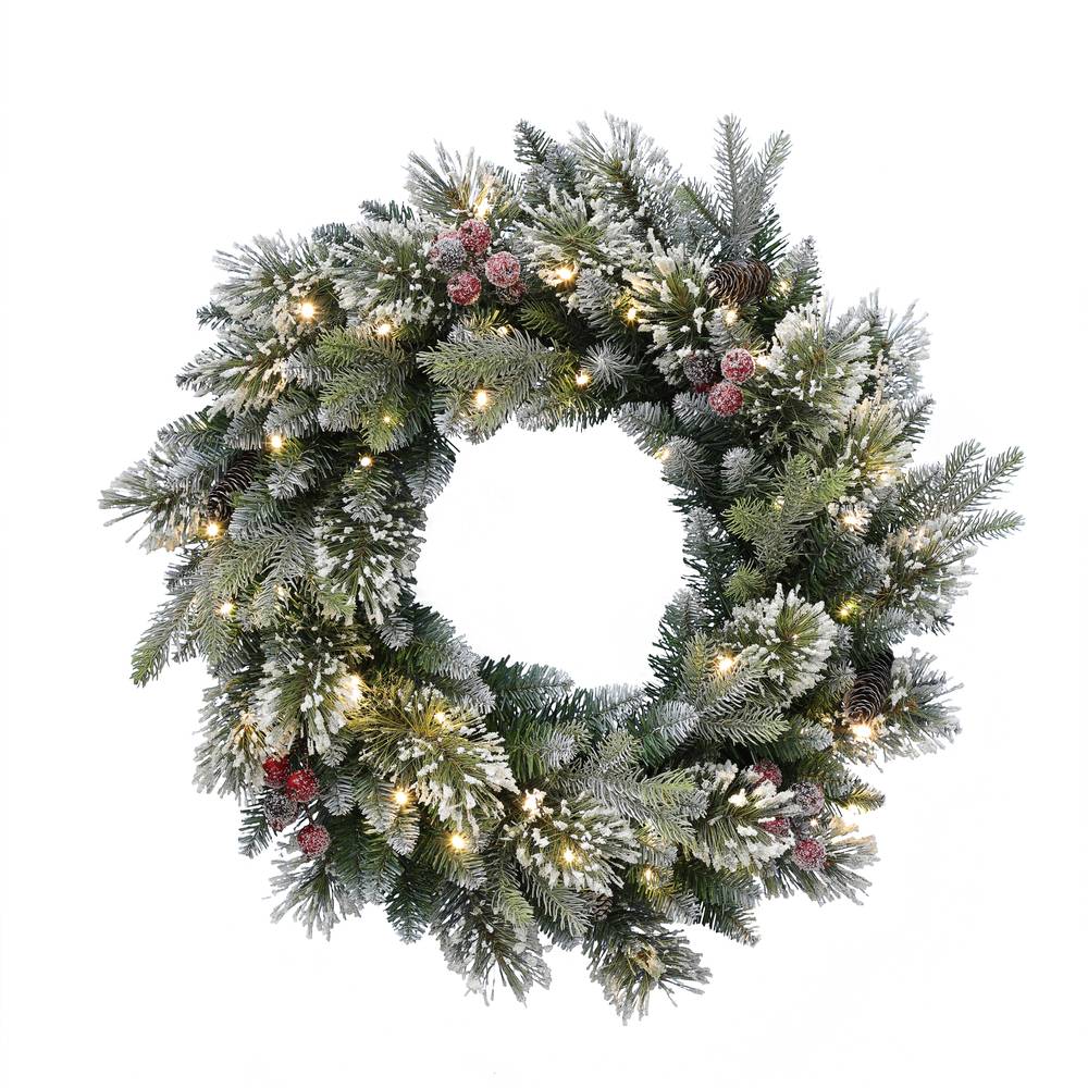 Holiday Living Frost Berry 26-in Flocked Pre-lit Indoor/Outdoor Battery-operated Green Mixed Needle Artificial Christmas Wreath | LW23-ST34-W26LDR4