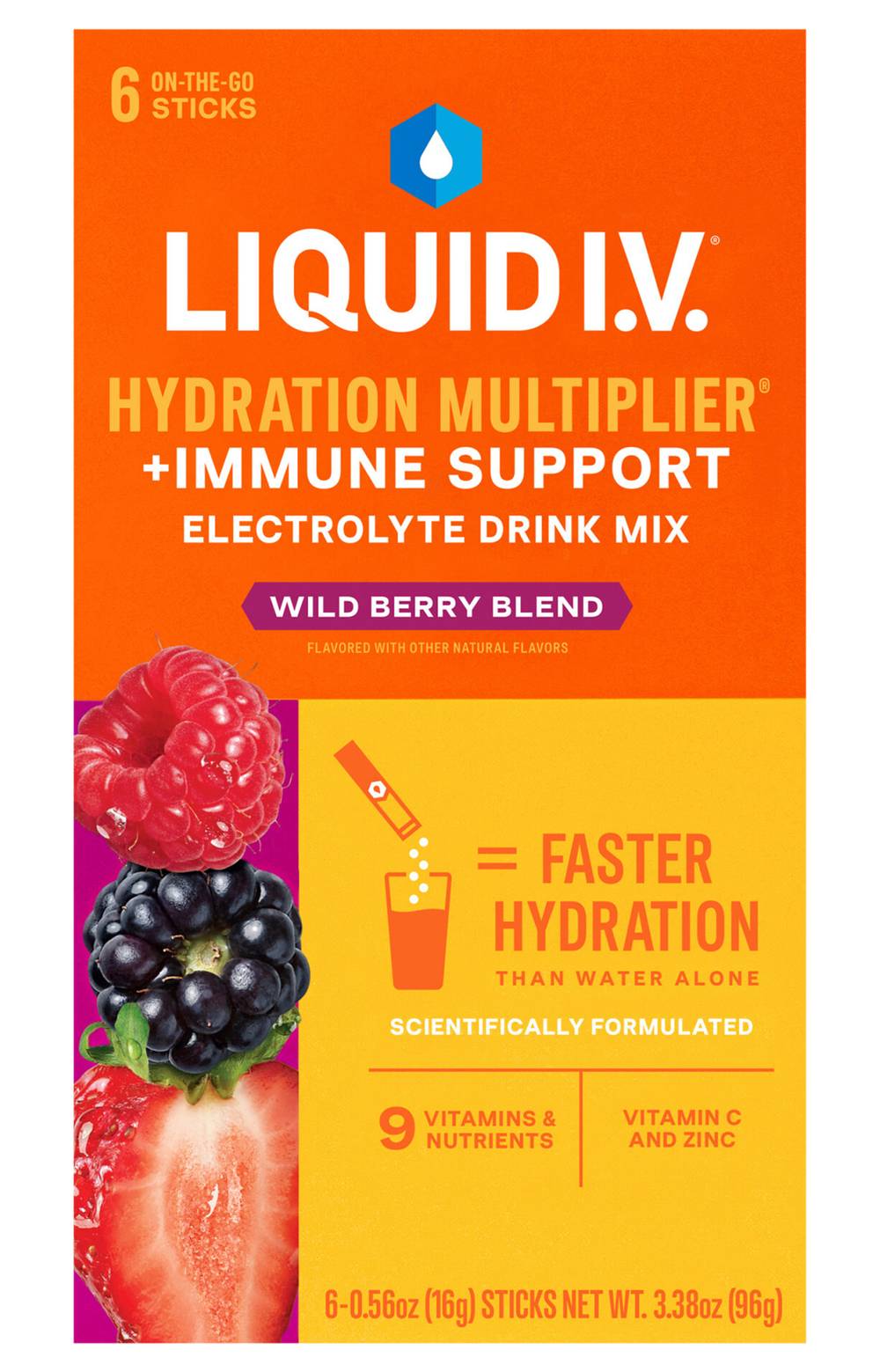 Liquid I.V. Hydration Multiplier Plus Immune Support Drink Mix, Wild Berry Blend (6 x 0.56 oz)