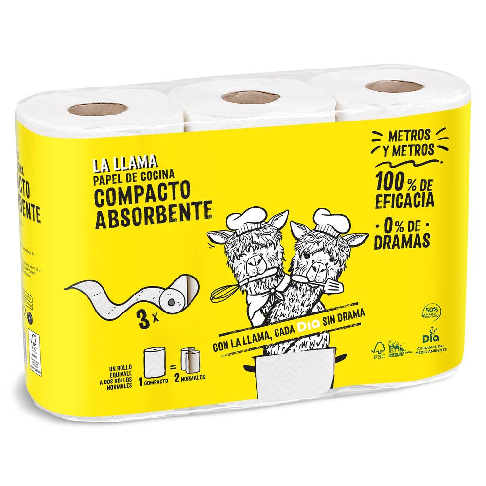 Papel De Cocina Compacto Doble Rollo La Llama Dia Bolsa 3 Unidades