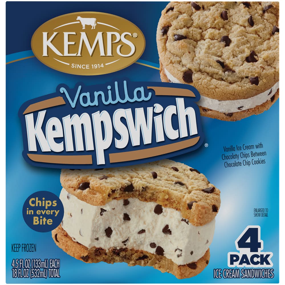 Kemps Wich Ice Cream, Vanilla-Chocolate Chip (4.5 fl oz, 4 ct)