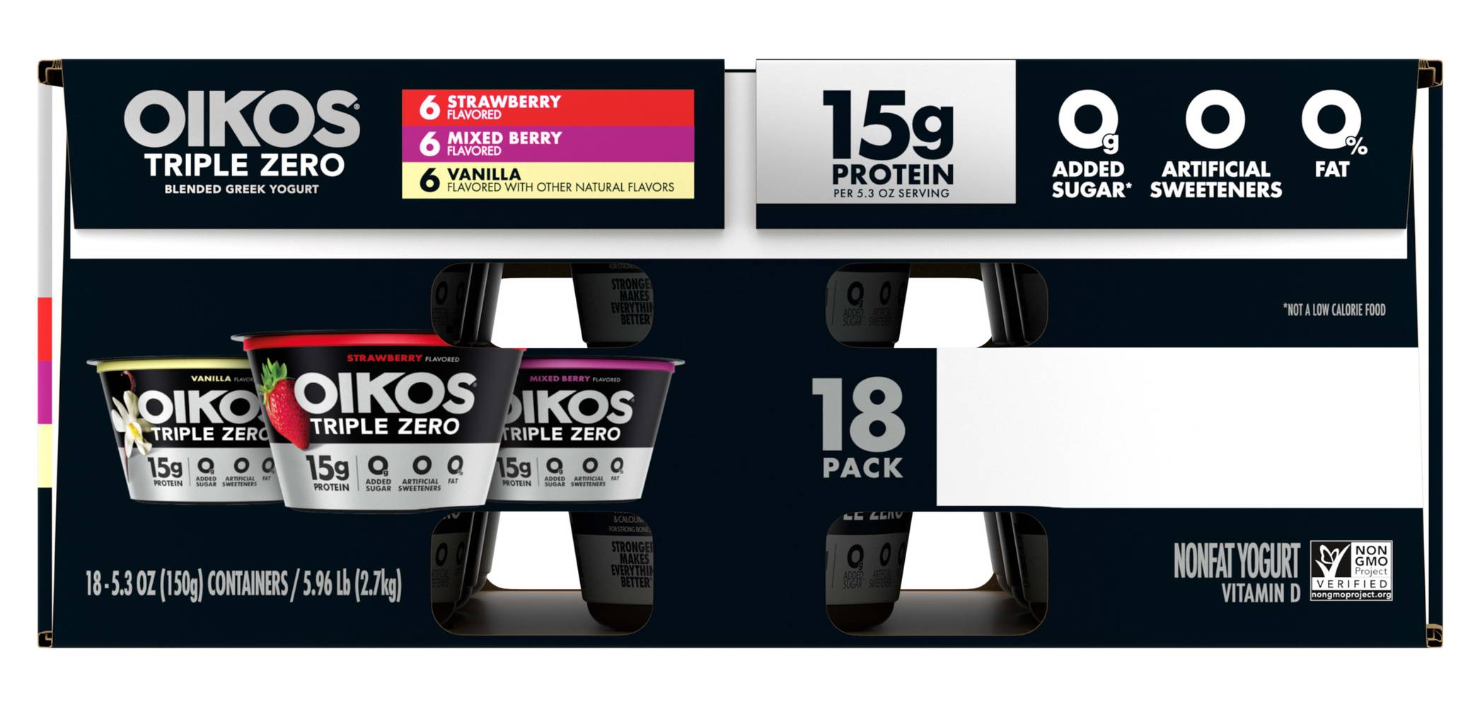 Oikos Triple Zero Blended Greek Yogurt, Strawberry-Mixed Berry-Vanilla (18 x 0.29 oz)