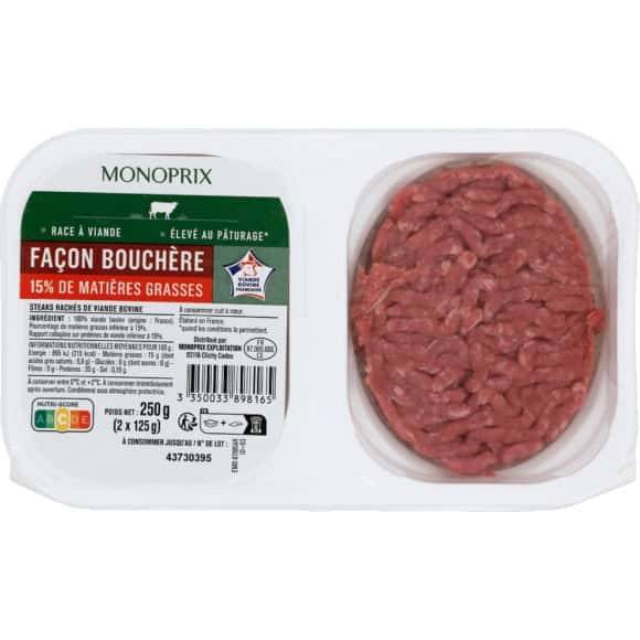 Monoprix Steak Haché De Boeuf Facon Bouchère 15% Matières Grasses La Barquette De 2, 250 G