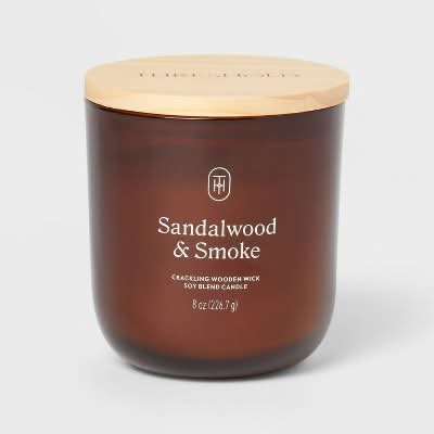 Threshold Amber Glass Wooden Wick Jar Candle, Sandalwood-Smoke (8 oz)