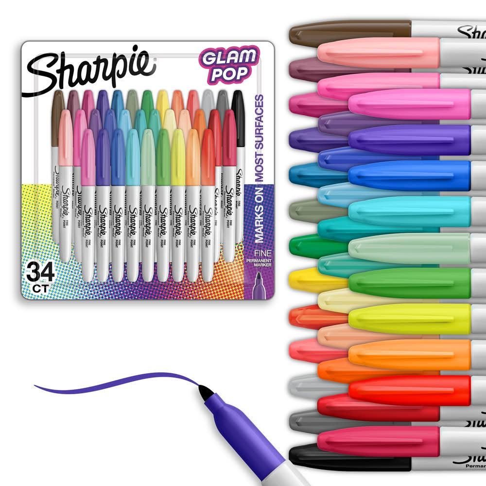 Sharpie Fine Point Glam Pop Permanent Markers, Assorted (34 ct)