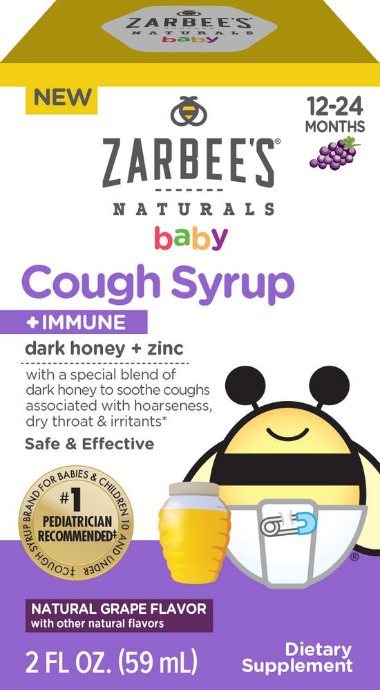 Zarbee's Baby Cough Syrup + Immune with Dark Honey + Zinc, Natural Grape Flavor, 2 OZ
