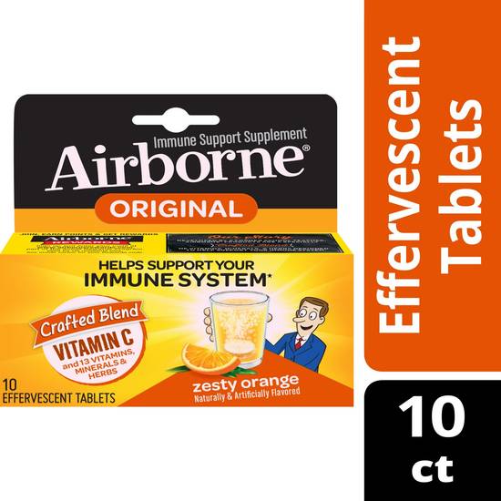Airborne Vitamin C and Immune Support Supplement, Zesty Orange Effervescent Tablets, 10 CT