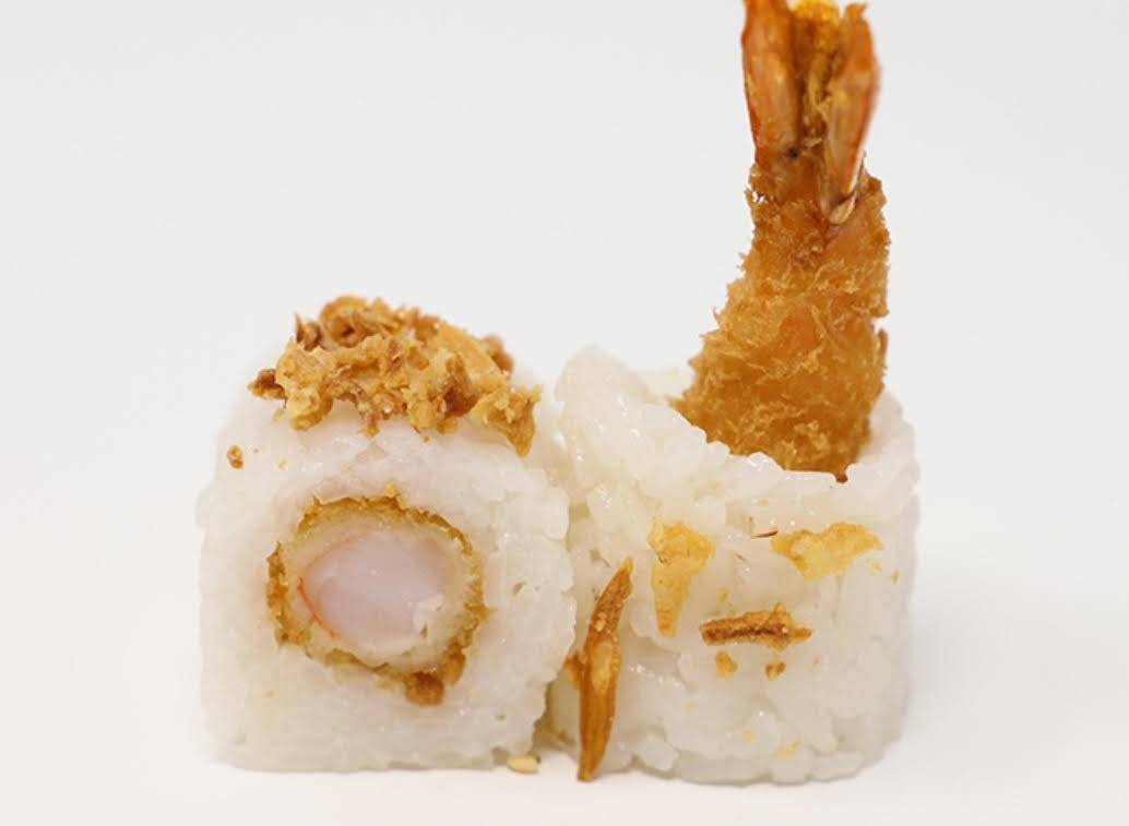 66- Roll sans algues crevettes panées Cheddar cheese épicé oignons frits