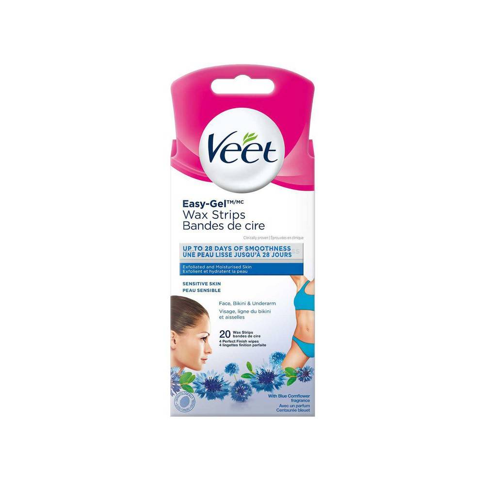 Veet bandes de cire easy-gel, parfum de centaurée (20 unités) - easy-gel wax strips with blue cornflower fragance (1 set)