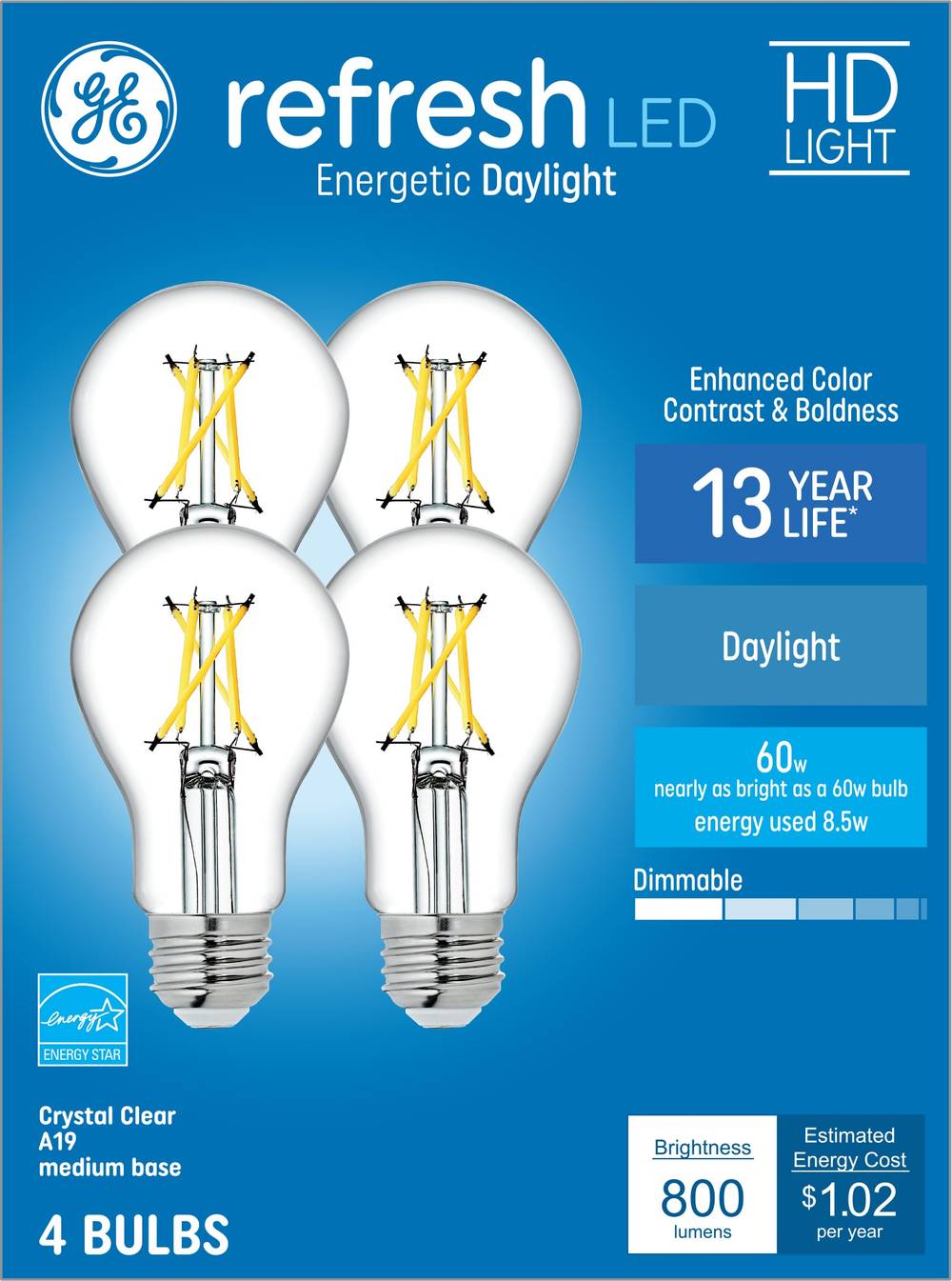 GE Refresh 60-Watt EQ A19 Daylight Medium Base (e-26) Dimmable LED General Purpose Light Bulb (4-Pack) | 93121730