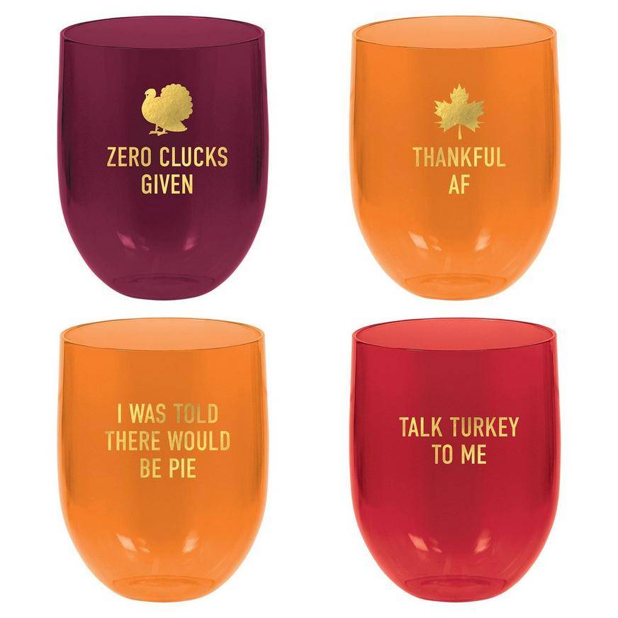 Funny Friendsgiving Plastic Stemless Wine Glasses, 15oz, 4pc