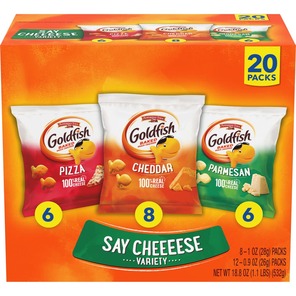 Pepperidge Farm Goldfish Say Cheese Variety Baked Snack Crackers, Pizza/Cheddar/Parmesan (18.8 oz, 20 ct)