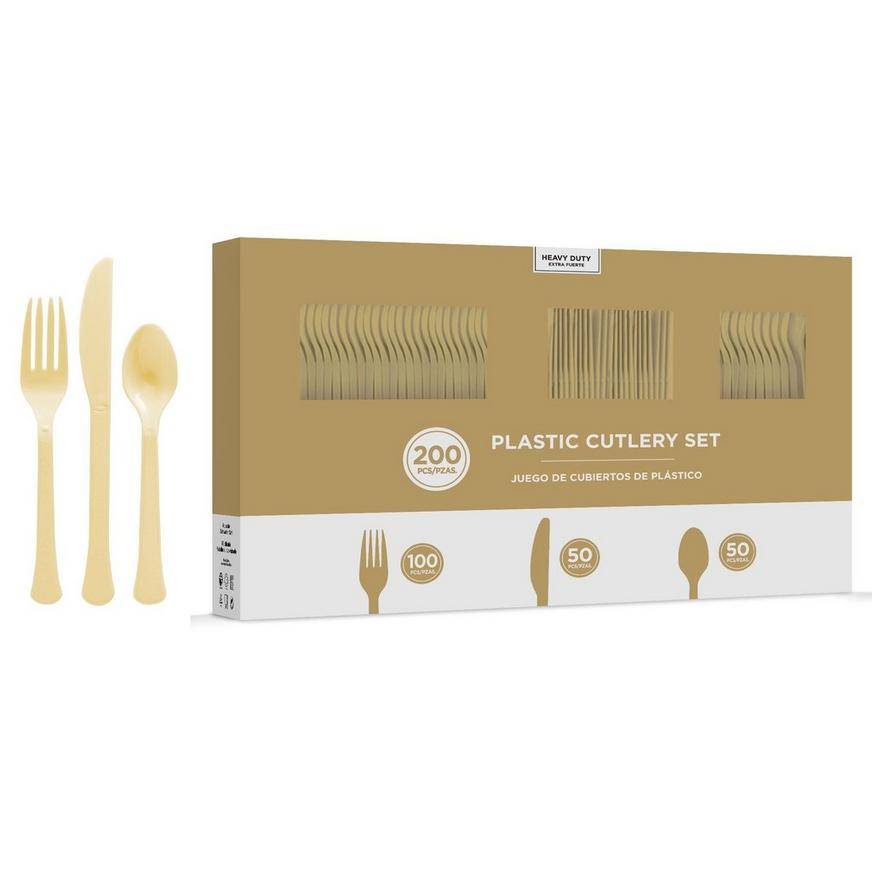 Gold Heavy-Duty Plastic Cutlery Set for 50 Guests, 200ct