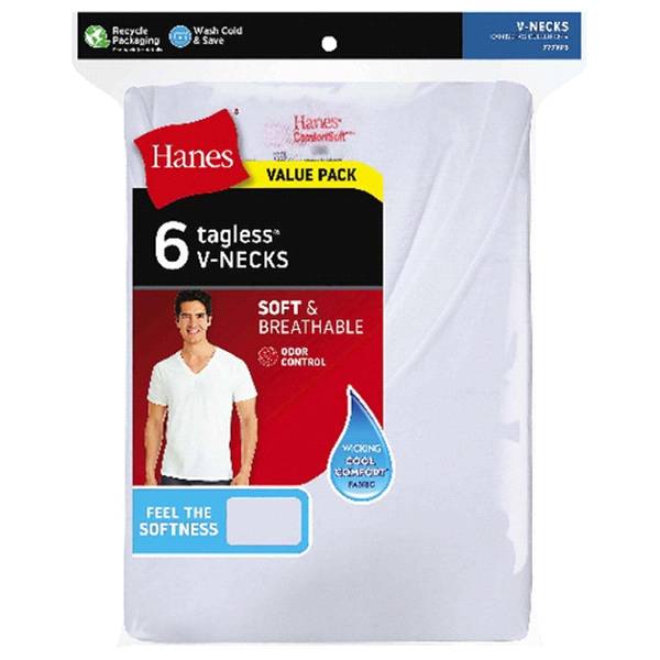 Hanes Men's Comfortsoft V-Neck T-Shirts, White, 6 Pack, Large