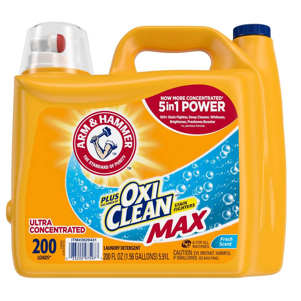 Arm & Hammer Plus OxiClean Max HE Liquid Laundry Detergent, Fresh, 200 Loads, 200 fl oz